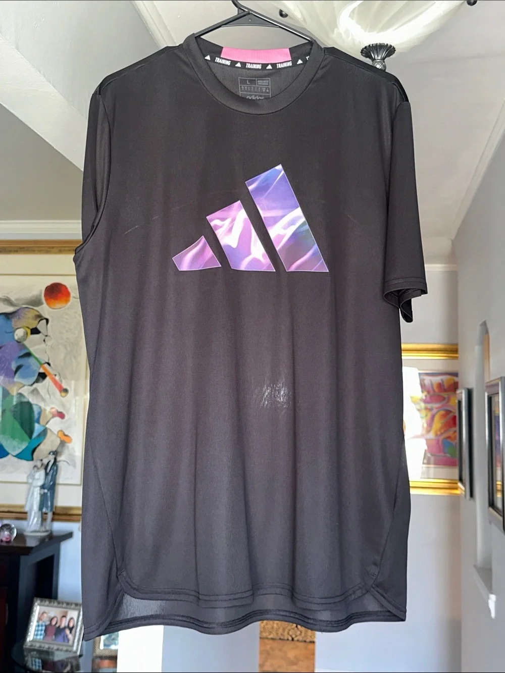 adidas Black Short Sleeve Tee with Iridescent Purple Logo Sz L